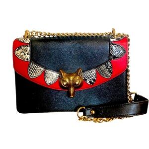 Glossy Snake Print Black Crossbody Bag with Fox Embellishment